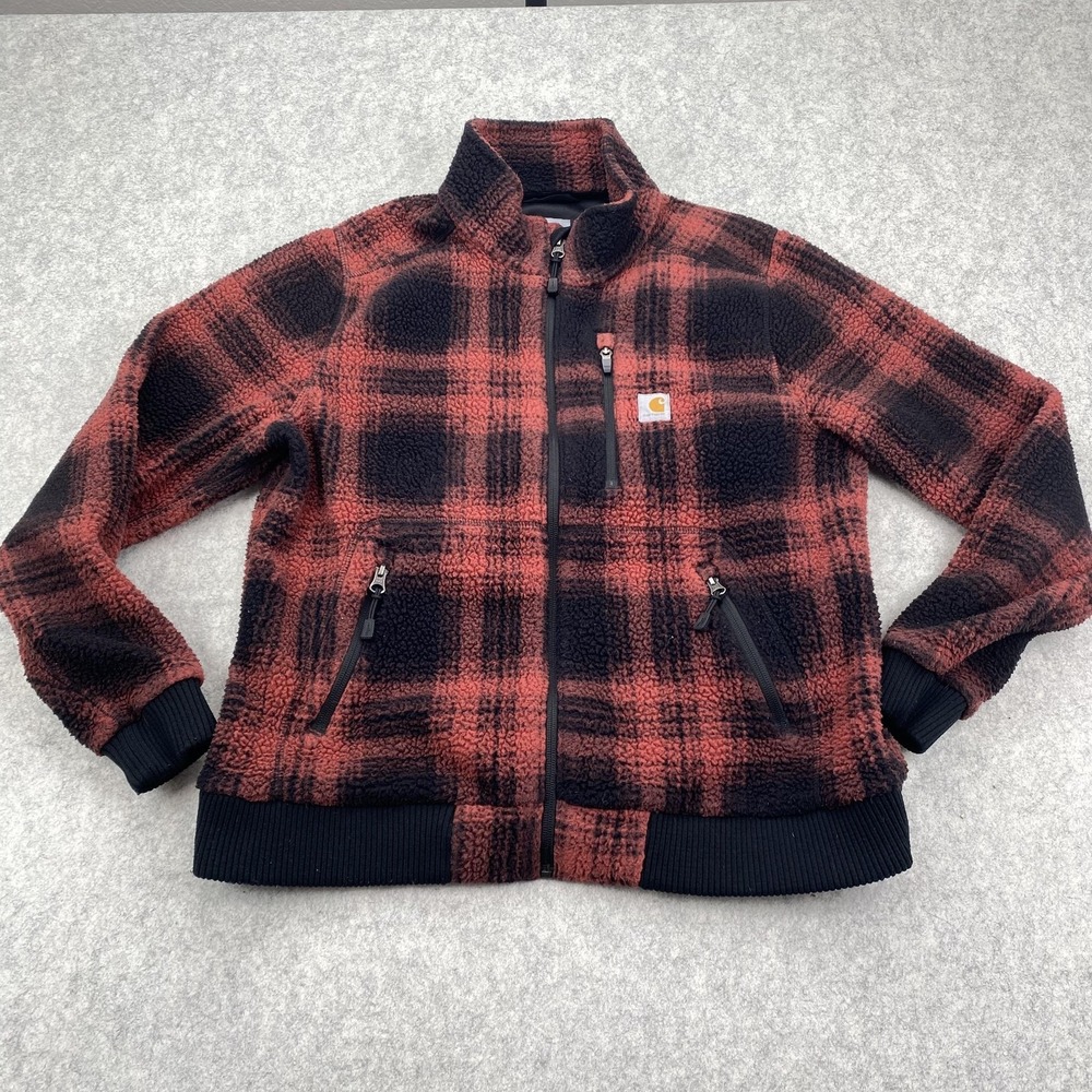 Carhartt Jacket Youth L 12-14 Red Plaid Sherpa Fleece Full Zip Pockets Warm
